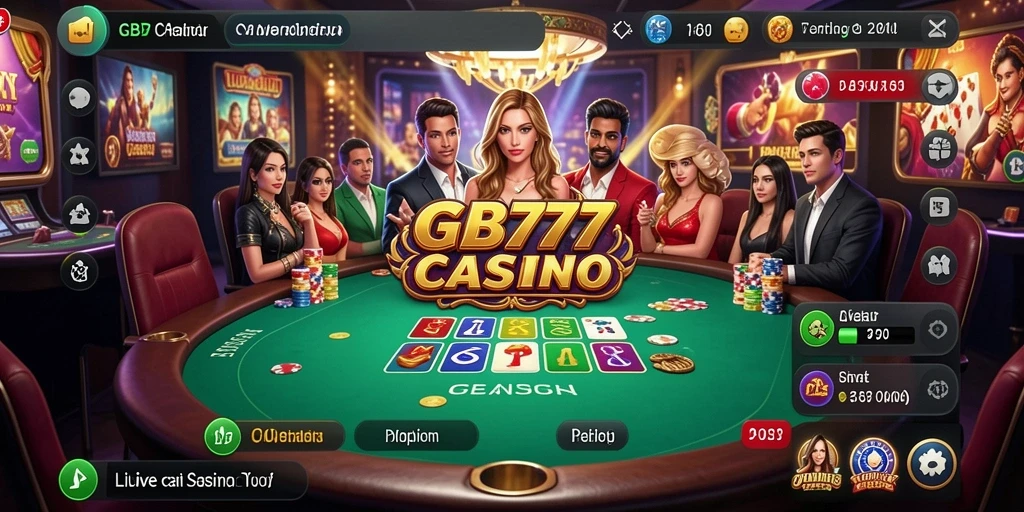 Screenshot gameplay GB777 yang menunjukkan dealer langsung dan suasana kasino.